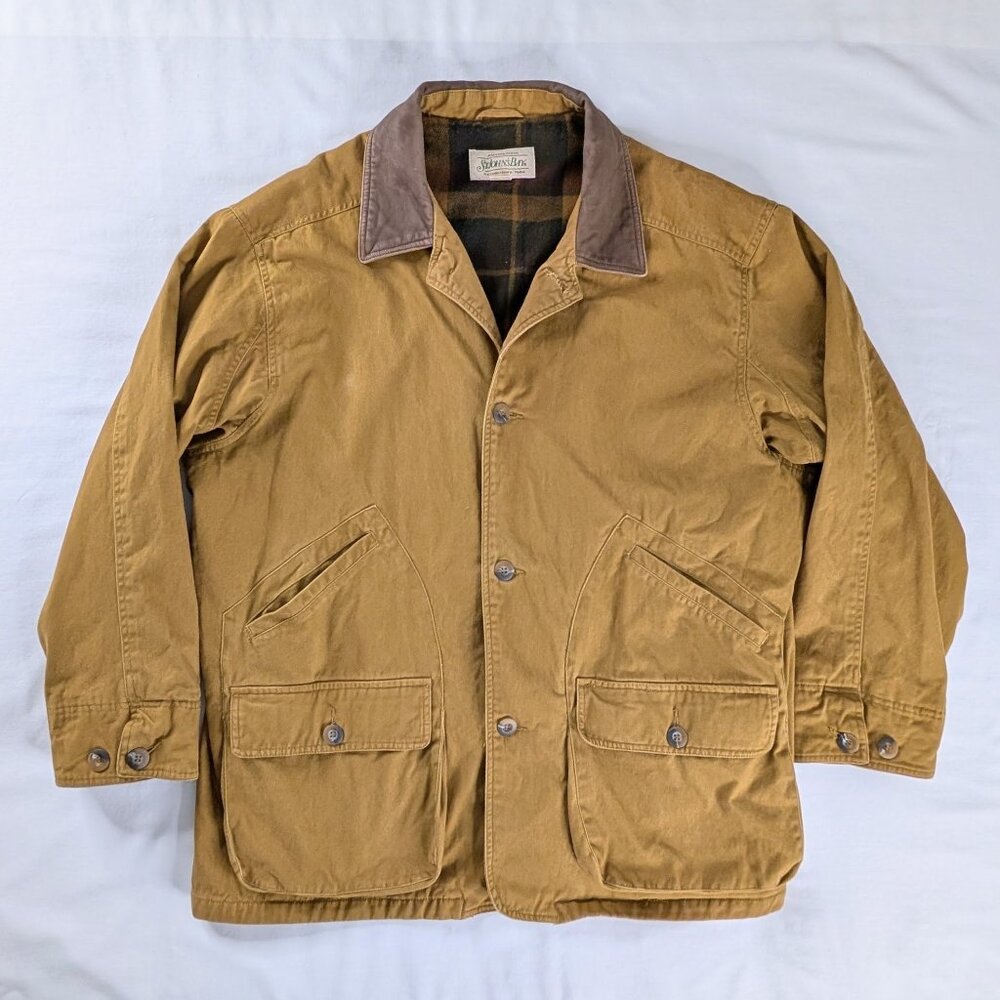 VTG Tan Khaki Multi Pocket Brown Collar Plaid Flannel Line Barn Coat Chore